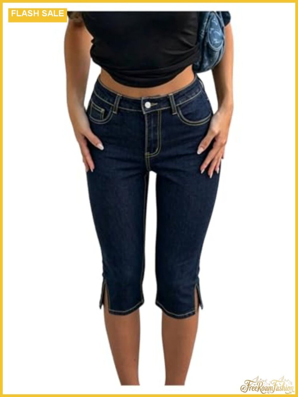 MakeMeChic Women's Low Rise Split Hem Slim Fit Capri Jeans Cropped Denim Pants